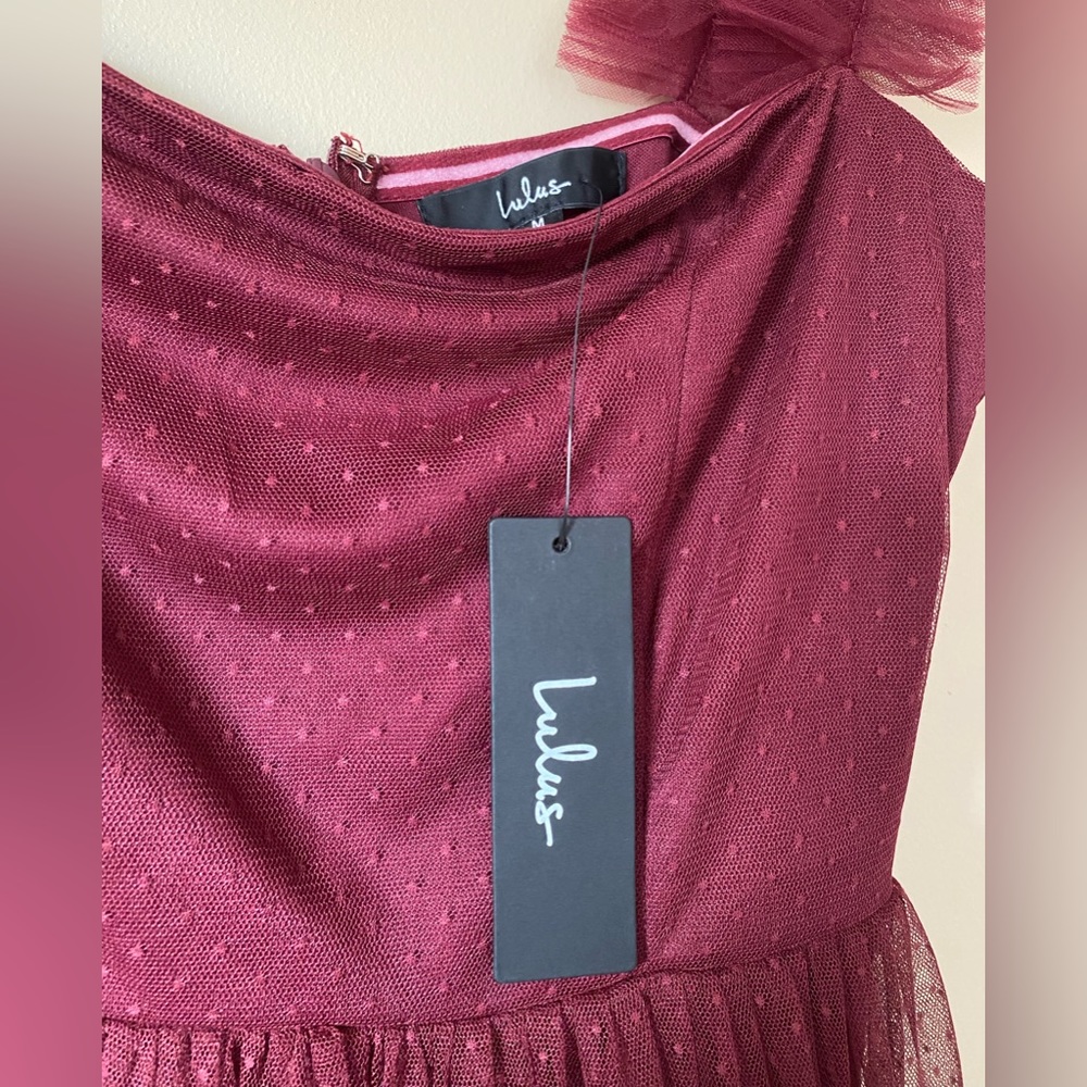 Divine Invitation Burgundy Tulle Swiss Dot Ruffled Midi Dress - Picture 5 of 5